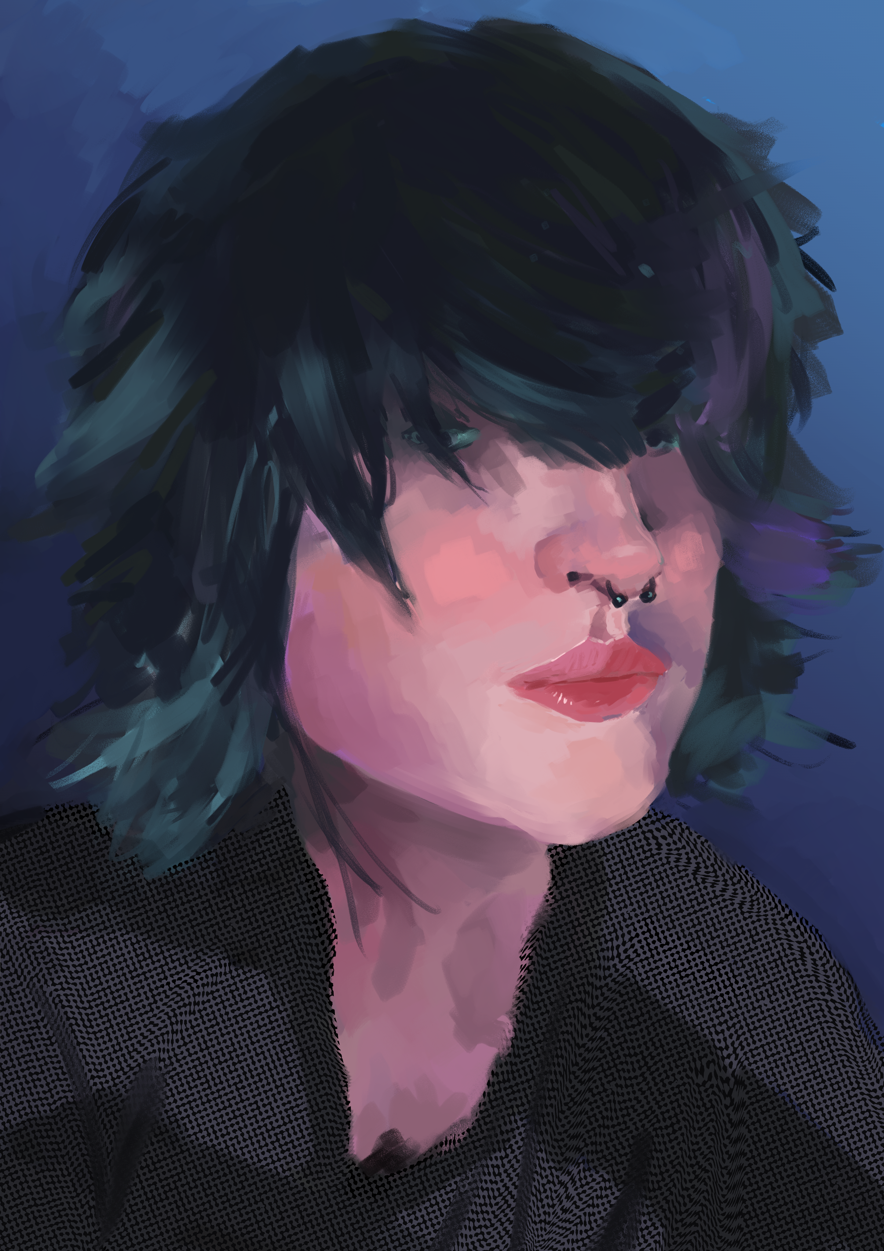 portrait of a white nonbinary person with dark hair on a dark background